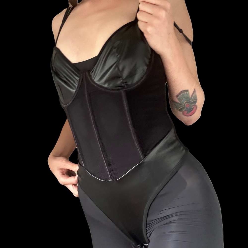 Pleather and fishnet bodysuit